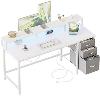 Computer Desk with Power Outlets LED Lights 3 Drawers Monitor Stand Home Office Gaming Study