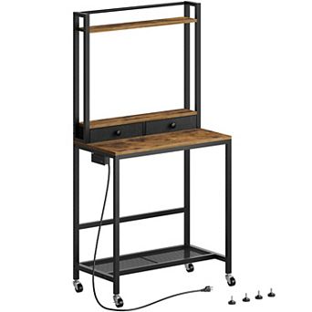 Mobile Computer Desk with Hutch Drawers Charging Station Rolling Wheels Storage