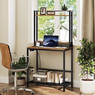 Mobile Computer Desk with Hutch Drawers Charging Station Rolling Wheels Storage