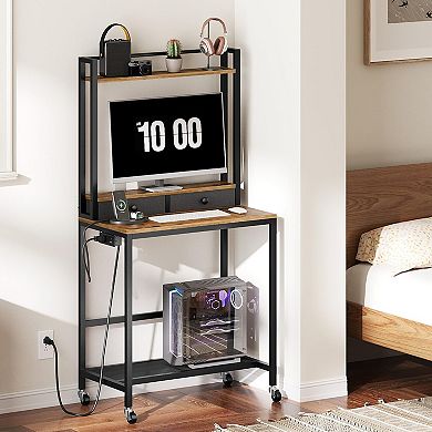 Mobile Computer Desk with Hutch Drawers Charging Station Rolling Wheels Storage