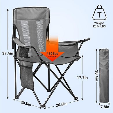 Folding Camping Chair with Cooler Pouch Mesh Backrest Cup Holder Pocket