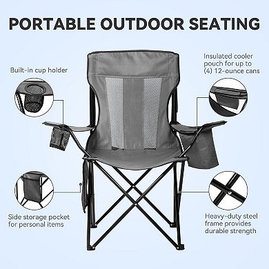 Folding Camping Chair with Cooler Pouch Mesh Backrest Cup Holder Pocket