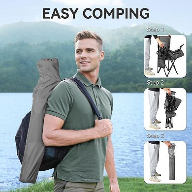 Folding Camping Chair with Cooler Pouch Mesh Backrest Cup Holder Pocket