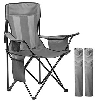 Folding Camping Chair with Cooler Pouch Mesh Backrest Cup Holder Pocket