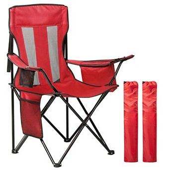 Folding Camping Chair with Cooler Pouch Mesh Backrest Cup Holder Pocket