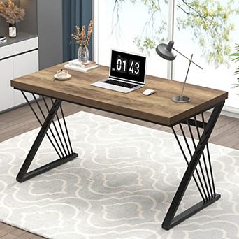 Modern Industrial Computer Desk Wood Metal Study Work Table for Home Office Bedroom Living Room