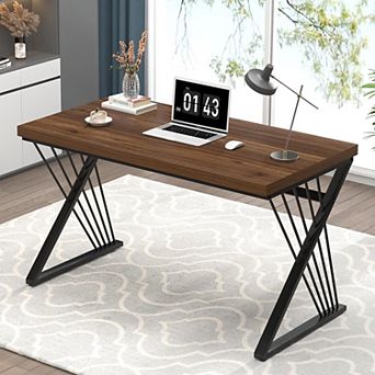 Modern Industrial Computer Desk Wood Metal Study Work Table for Home Office Bedroom Living Room