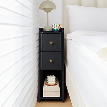 Set of 2 Narrow Nightstands Wooden 2 Drawer Slim Bedside Mid Century Modern with Open Shelf