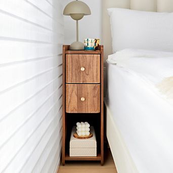 Set of 2 Narrow Nightstands Wooden 2 Drawer Slim Bedside Mid Century Modern with Open Shelf