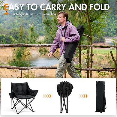 Oversized Padded Camping Chair Heavy Duty Folding Cup Holder Side Pocket Supports 350 Lbs