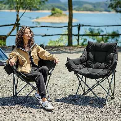 Oversized Padded Camping Chair Heavy Duty Folding Cup Holder Side Pocket Supports 350 Lbs