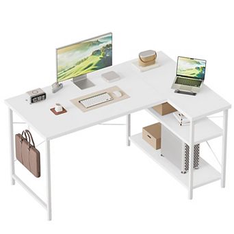 Small L-Shaped Computer Desk with Power Outlets,Reversible Gaming Storage Shelves Corner Gamer Table