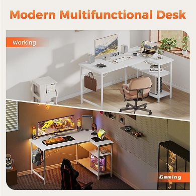 Small L-Shaped Computer Desk with Power Outlets,Reversible Gaming Storage Shelves Corner Gamer Table