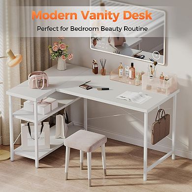 Small L-Shaped Computer Desk with Power Outlets,Reversible Gaming Storage Shelves Corner Gamer Table