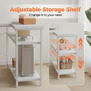 Small L-Shaped Computer Desk with Power Outlets,Reversible Gaming Storage Shelves Corner Gamer Table