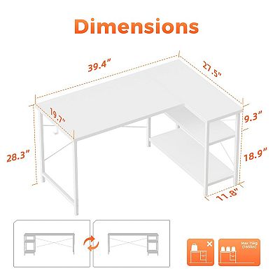 Small L-Shaped Computer Desk with Power Outlets,Reversible Gaming Storage Shelves Corner Gamer Table