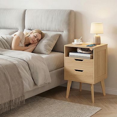 Modern Nightstand with Charging Station 2 Drawers Open Shelf Solid Wood Bedside Table for Bedroom