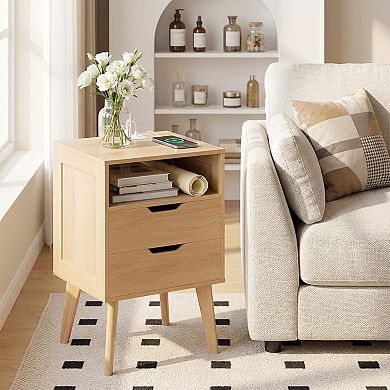 Modern Nightstand with Charging Station 2 Drawers Open Shelf Solid Wood Bedside Table for Bedroom