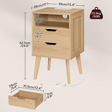 Modern Nightstand with Charging Station 2 Drawers Open Shelf Solid Wood Bedside Table for Bedroom
