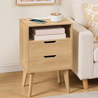 Modern Nightstand with Charging Station 2 Drawers Open Shelf Solid Wood Bedside Table for Bedroom