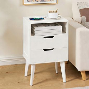 Modern Nightstand with Charging Station 2 Drawers Open Shelf Solid Wood Bedside Table for Bedroom