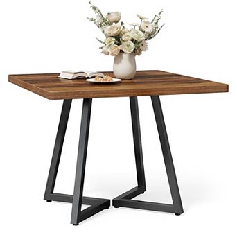 31.5 in Small Dining Table For 4 Square Rustic Brown Wooden Metal Modern Leisure Cafe Apartment