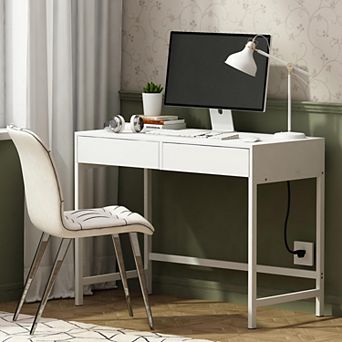 Computer Desk with USB Charging Outlets 2 Drawers Vanity Makeup Table for Home Office Bedroom