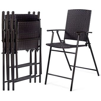 Folding Rattan Bar Stools Set 4 Weather-resistant Steel Frame Footrest Outdoor Indoor Patio Garden