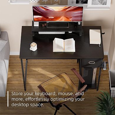 Computer Desk: Monitor Stand, Non-Woven Drawer, Hanging Hooks, Adjustable Foot Pads