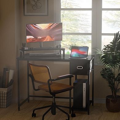 Computer Desk: Monitor Stand, Non-Woven Drawer, Hanging Hooks, Adjustable Foot Pads