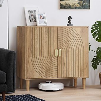 Sideboard Cabinet Freestanding Buffet Line Groove Wood Storage Adjustable Shelf Multi Functional