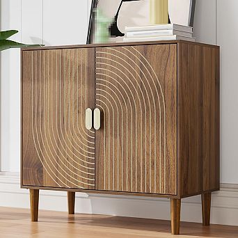 Walnut Sideboard Buffet Cabinet Wooden Storage Adjustable Shelf MDF Solid Wood