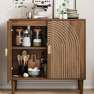 Walnut Sideboard Buffet Cabinet Wooden Storage Adjustable Shelf MDF Solid Wood