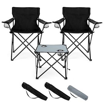 Folding Camping Chair Set (3 Chairs + Grey Table) Portable Outdoor Seating Cup Holders + Storage