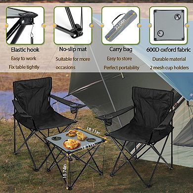 Folding Camping Chair Set (3 Chairs + Grey Table) Portable Outdoor Seating Cup Holders + Storage