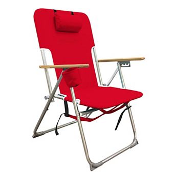 Folding Beach Chair 4 Position Portable Backpack Headrest Cup Holder Wooden Armrests