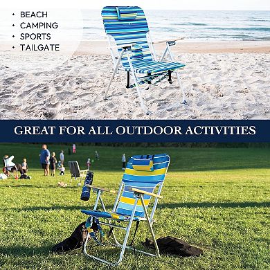 Folding Beach Chair 4 Position Portable Backpack Headrest Cup Holder Wooden Armrests