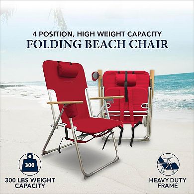 Folding Beach Chair 4 Position Portable Backpack Headrest Cup Holder Wooden Armrests