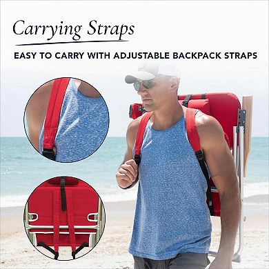 Folding Beach Chair 4 Position Portable Backpack Headrest Cup Holder Wooden Armrests