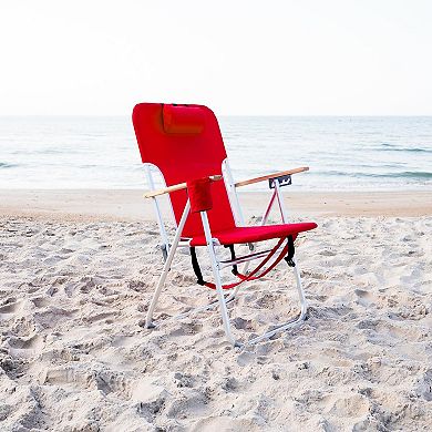 Folding Beach Chair 4 Position Portable Backpack Headrest Cup Holder Wooden Armrests