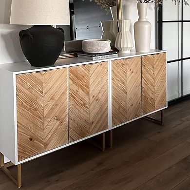 Modern Storage Accent Cabinet Herringbone Doors Adjustable Shelves Free Standing Hallway Entryway
