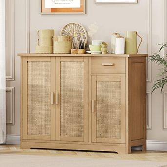 Rattan Buffet Cabinet 3 Doors Drawer Adjustable Shelves Storage Kitchen Living Room Entryway