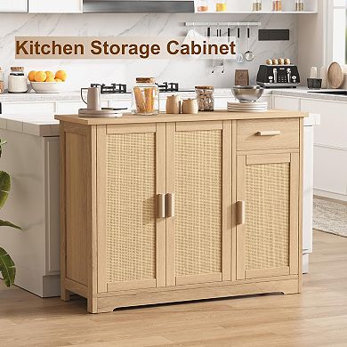 Rattan Buffet Cabinet 3 Doors Drawer Adjustable Shelves Storage Kitchen Living Room Entryway