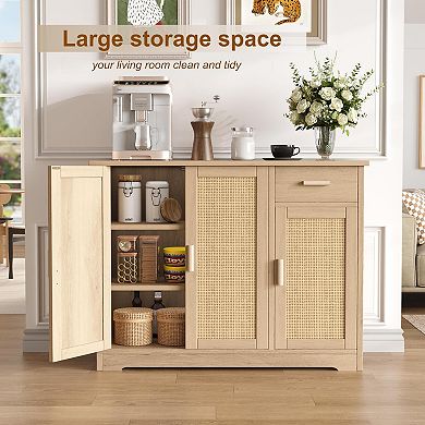 Rattan Buffet Cabinet 3 Doors Drawer Adjustable Shelves Storage Kitchen Living Room Entryway