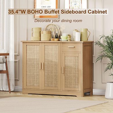Rattan Buffet Cabinet 3 Doors Drawer Adjustable Shelves Storage Kitchen Living Room Entryway