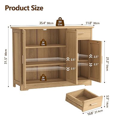 Rattan Buffet Cabinet 3 Doors Drawer Adjustable Shelves Storage Kitchen Living Room Entryway