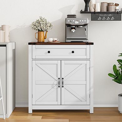 Farmhouse Storage Cabinet 2 Doors Drawer Adjustable Shelf Walnut Tabletop Freestanding