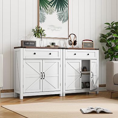 Farmhouse Storage Cabinet 2 Doors Drawer Adjustable Shelf Walnut Tabletop Freestanding