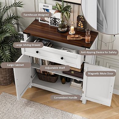 Farmhouse Storage Cabinet 2 Doors Drawer Adjustable Shelf Walnut Tabletop Freestanding