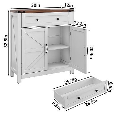 Farmhouse Storage Cabinet 2 Doors Drawer Adjustable Shelf Walnut Tabletop Freestanding